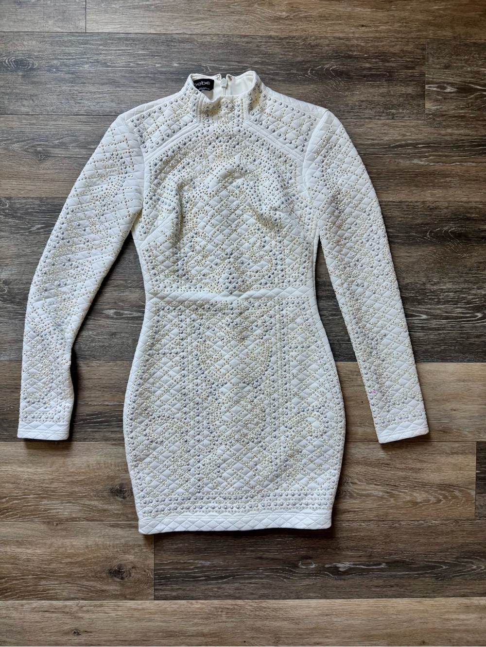 bebe White Quilted Embellished Long-Sleeve Bodycon Dress